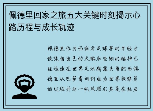 佩德里回家之旅五大关键时刻揭示心路历程与成长轨迹